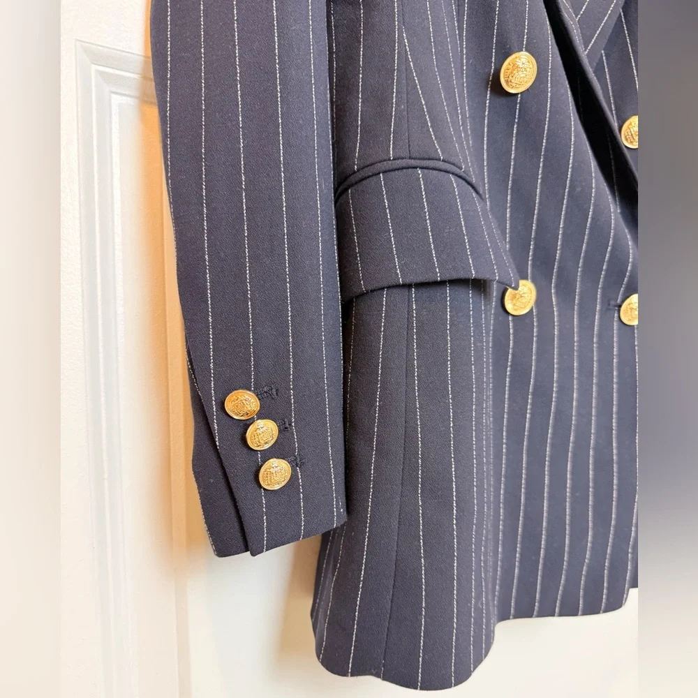 H&M Double-Breasted Pinstripe Blazer Navy Blue Gold Button Jacket Size 0 - Picture 4 of 11